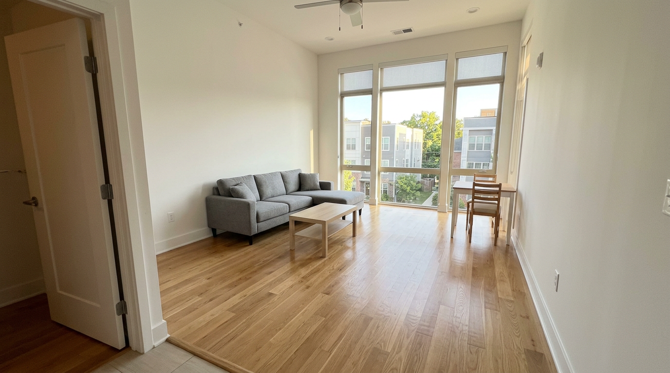 Tenatur move-in inspection — room baseline capture showing a clean apartment living room with AI condition assessment